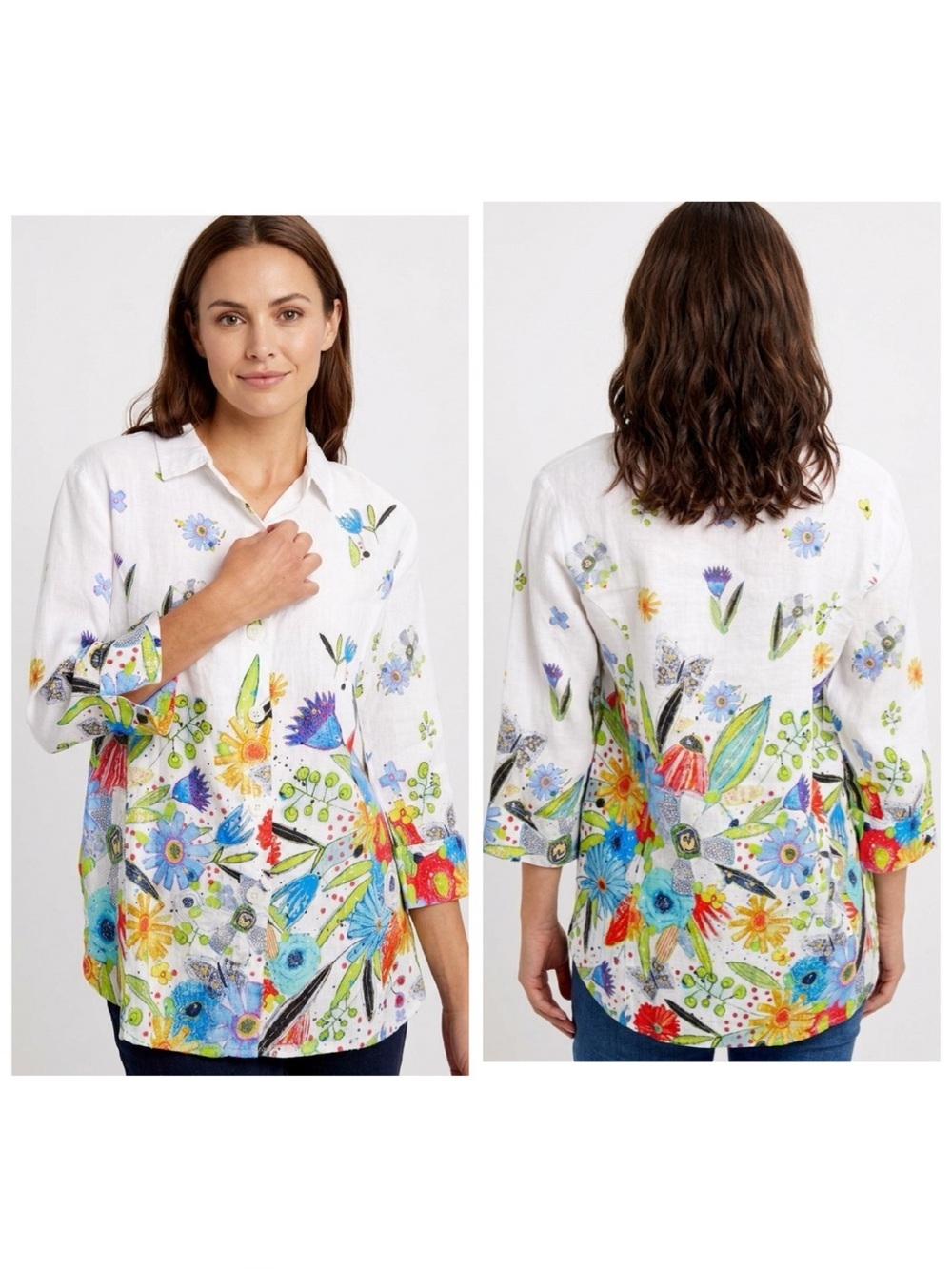 Dolcezza Art Linen Floral Butterfly XL Boho Button Down Shirt White Relaxed Fit